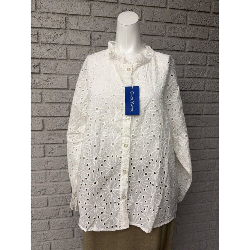 Chouyatou Women’s White Cotton Eyelet Long Sleeve Shirt / Blouse Size L